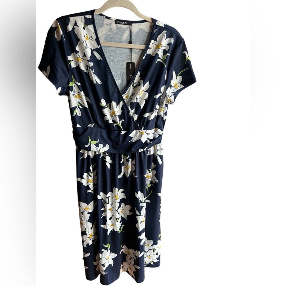 Ouges Women's Dress Navy Blue Floral V-Neck Short Sleeve Midi Size Large